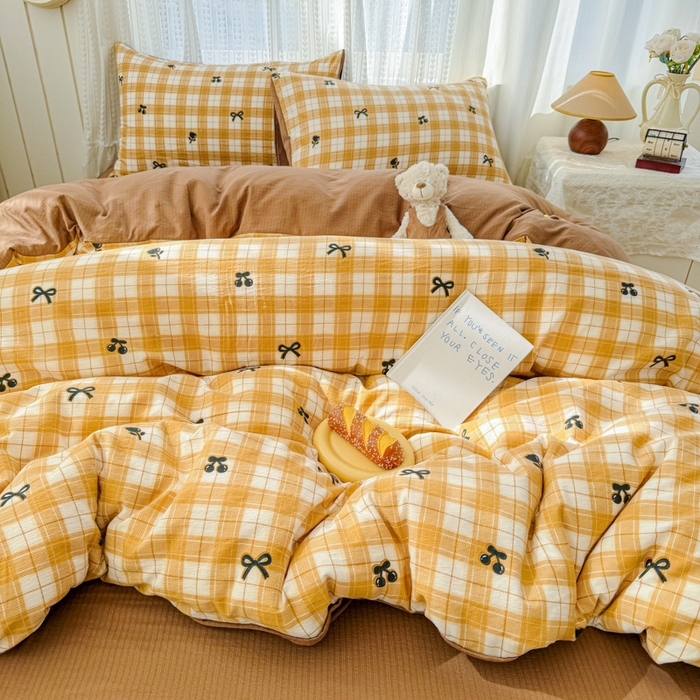 91家纺网 家纺一手货源 找家纺 温眠家纺 2026新款云感针织提花双层纱四件套 樱桃酱