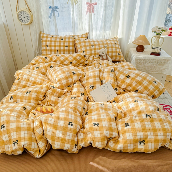 91家纺网 家纺一手货源 找家纺 温眠家纺 2026新款云感针织提花双层纱四件套 樱桃酱