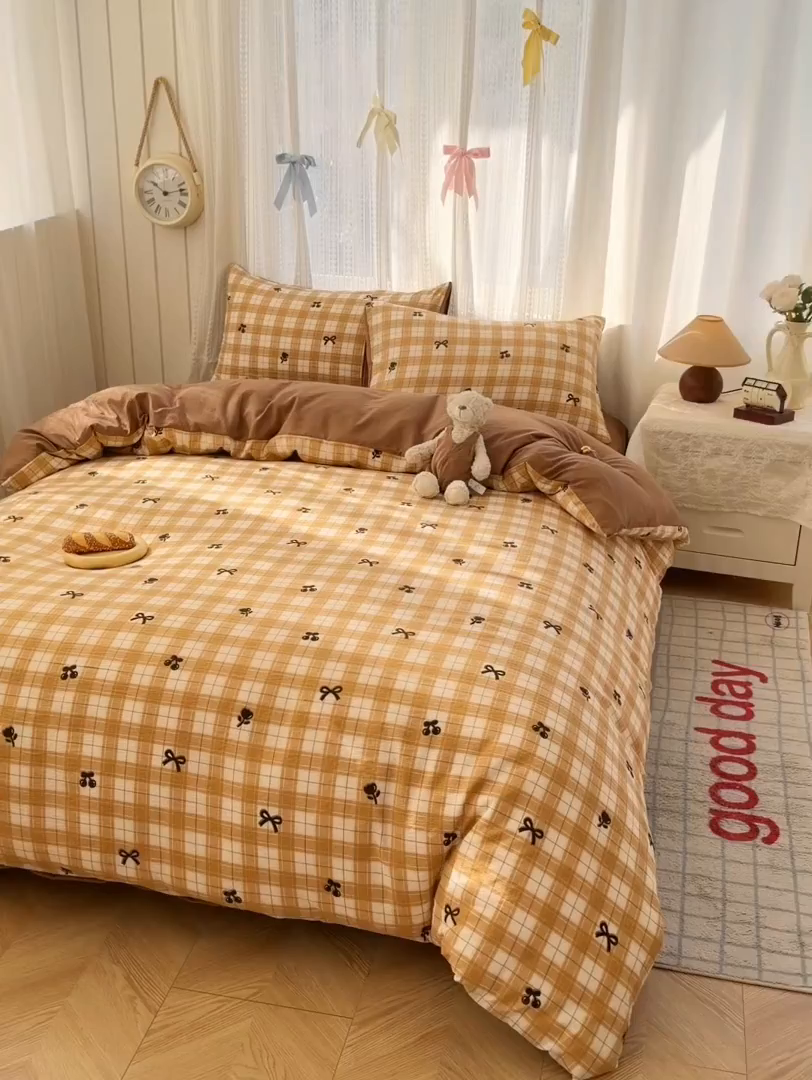 91家纺网 家纺一手货源 找家纺 温眠家纺 2026新款云感针织提花双层纱四件套 樱桃酱