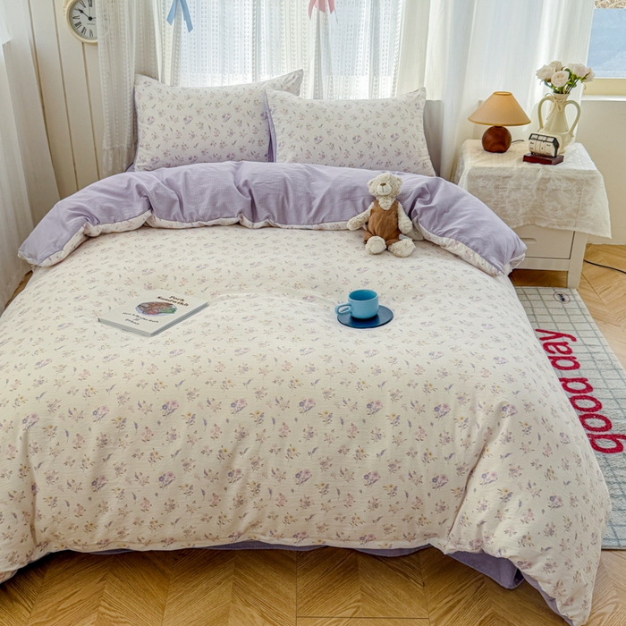 91家纺网 家纺一手货源 找家纺 温眠家纺 2026新款云感针织提花双层纱四件套 紫薰