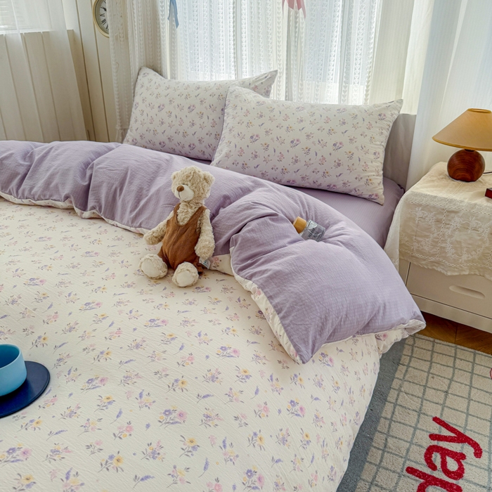 91家纺网 家纺一手货源 找家纺 温眠家纺 2026新款云感针织提花双层纱四件套 紫薰