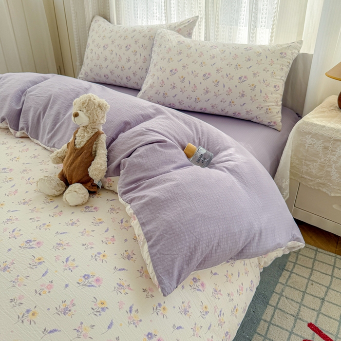 91家纺网 家纺一手货源 找家纺 温眠家纺 2026新款云感针织提花双层纱四件套 紫薰