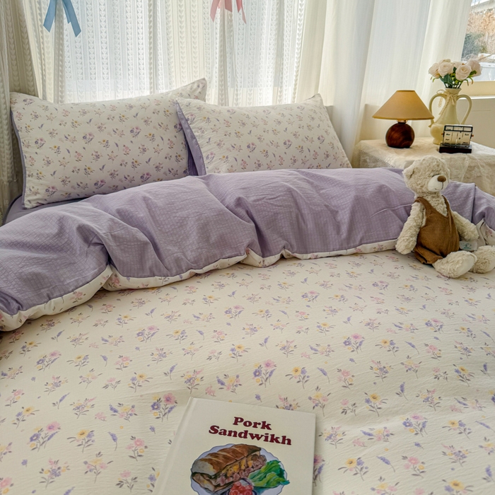 91家纺网 家纺一手货源 找家纺 温眠家纺 2026新款云感针织提花双层纱四件套 紫薰