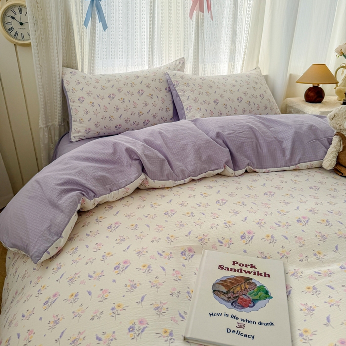 91家纺网 家纺一手货源 找家纺 温眠家纺 2026新款云感针织提花双层纱四件套 紫薰