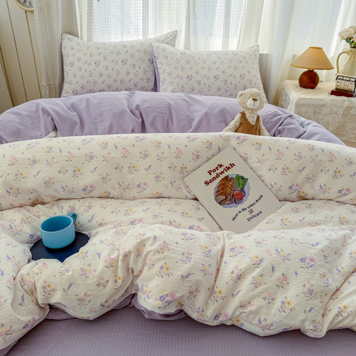 91家纺网 家纺一手货源 找家纺 温眠家纺 2026新款云感针织提花双层纱四件套 紫薰