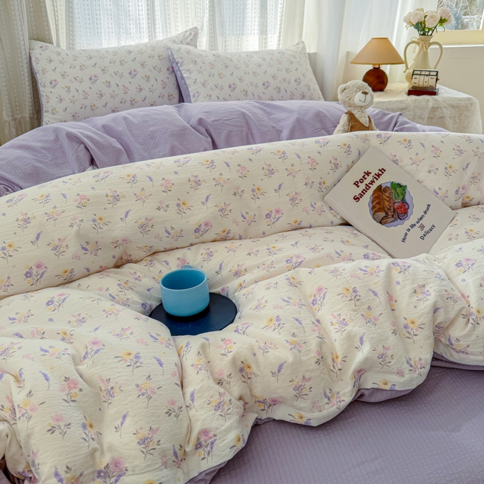 91家纺网 家纺一手货源 找家纺 温眠家纺 2026新款云感针织提花双层纱四件套 紫薰