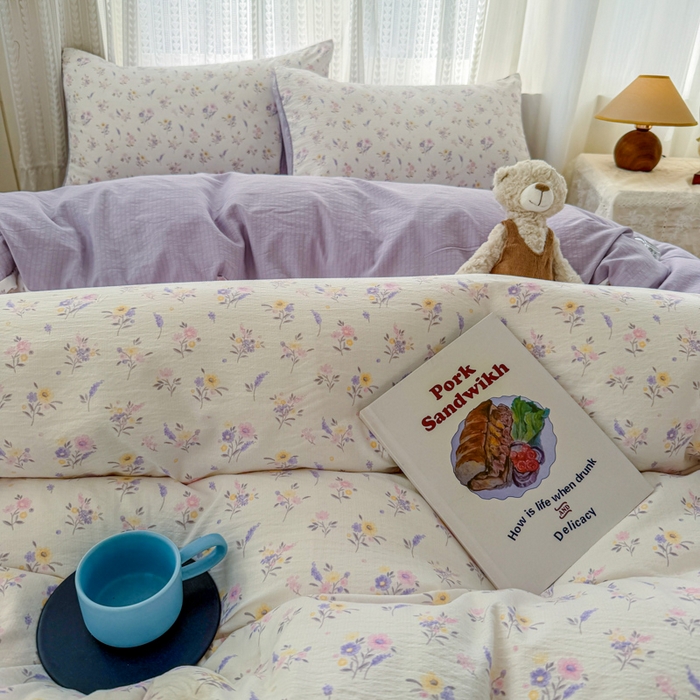 91家纺网 家纺一手货源 找家纺 温眠家纺 2026新款云感针织提花双层纱四件套 紫薰