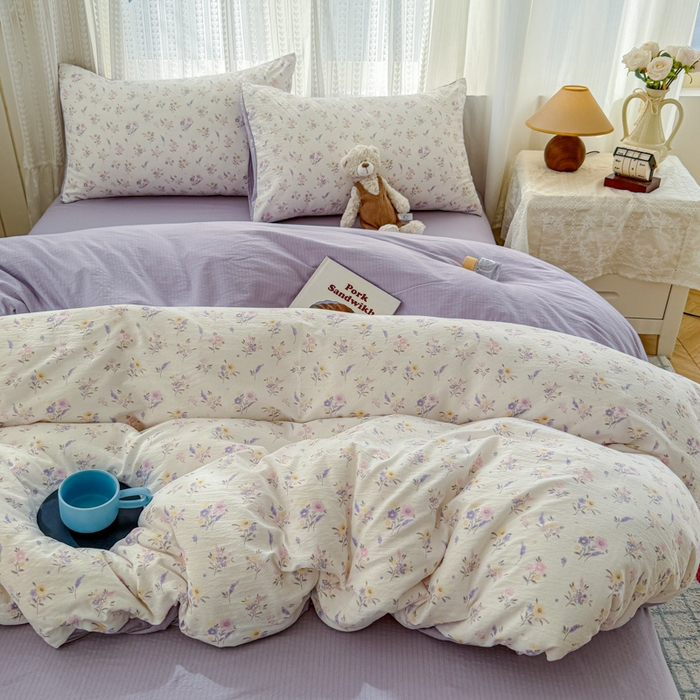 91家纺网 家纺一手货源 找家纺 温眠家纺 2026新款云感针织提花双层纱四件套 紫薰