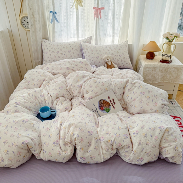 91家纺网 家纺一手货源 找家纺 温眠家纺 2026新款云感针织提花双层纱四件套 紫薰