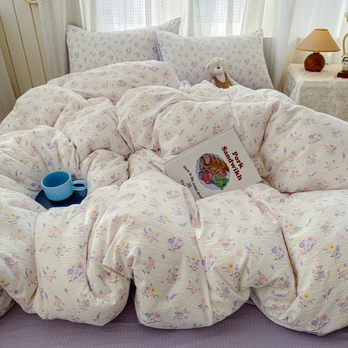 91家纺网 家纺一手货源 找家纺 温眠家纺 2026新款云感针织提花双层纱四件套 紫薰