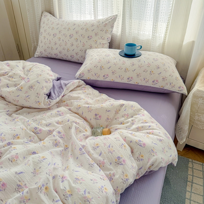 91家纺网 家纺一手货源 找家纺 温眠家纺 2026新款云感针织提花双层纱四件套 紫薰