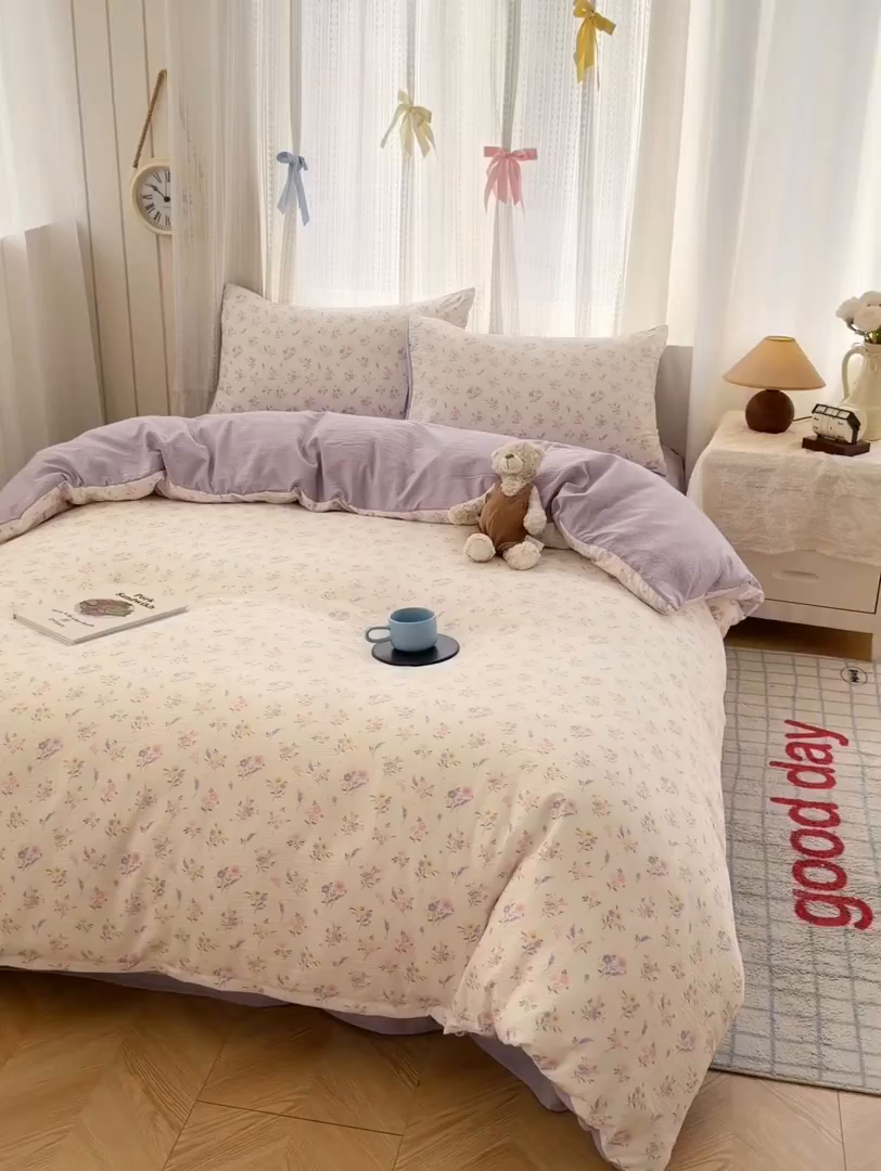 91家纺网 家纺一手货源 找家纺 温眠家纺 2026新款云感针织提花双层纱四件套 紫薰