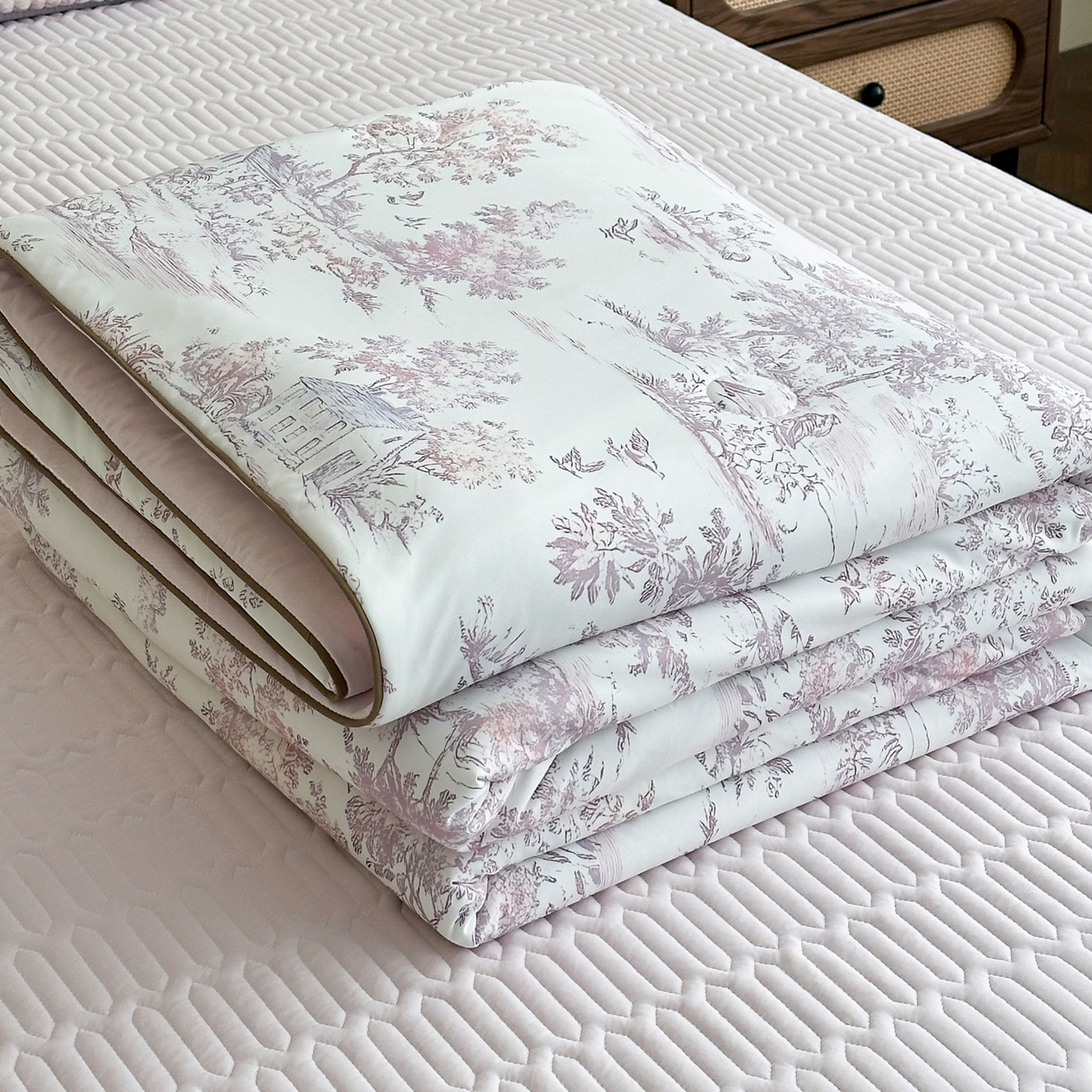 91家纺网 家纺一手货源 找家纺 幸嘉轩 2026新款凉感丝夏被床盖四件套拼色夏凉被空调被 小梦园-粉