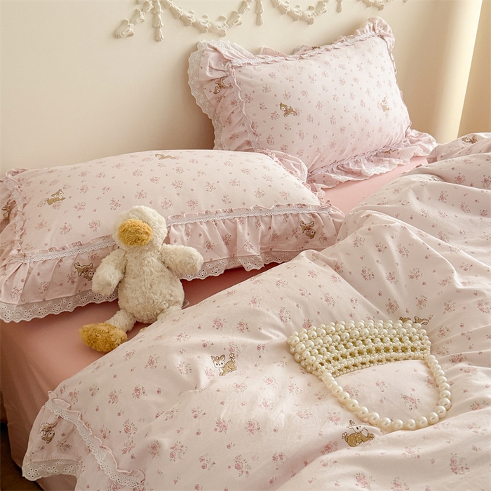 91家纺网 家纺一手货源 找家纺 吾欢心 2026新款古法水洗棉韩版公主风双层花边四件套 梦幻岛