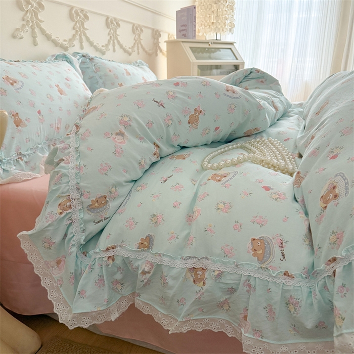 91家纺网 家纺一手货源 找家纺 吾欢心 2026新款古法水洗棉韩版公主风双层花边四件套 花园小熊