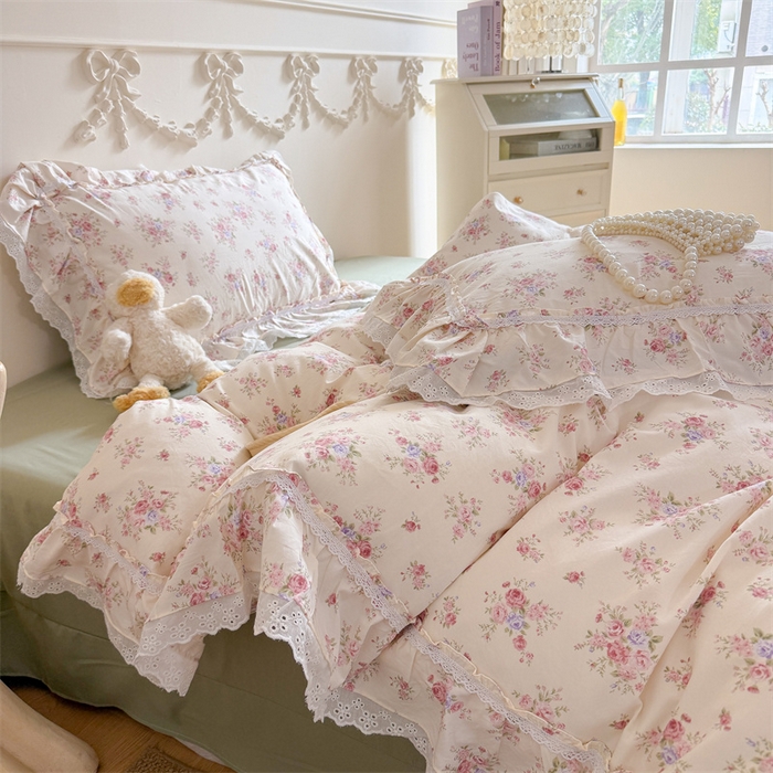 91家纺网 家纺一手货源 找家纺 吾欢心 2026新款古法水洗棉韩版公主风双层花边四件套 花园漫步
