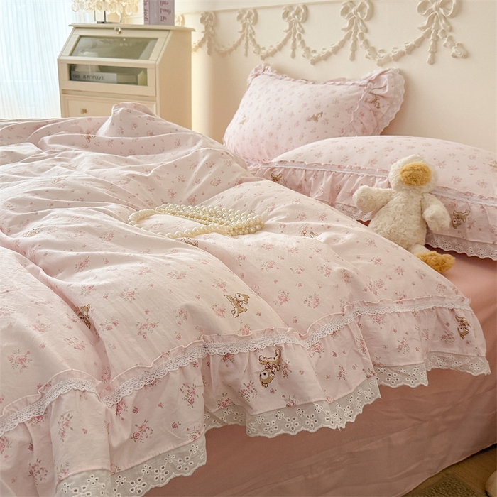 91家纺网 家纺一手货源 找家纺 吾欢心 2026新款古法水洗棉韩版公主风双层花边四件套 梦幻岛