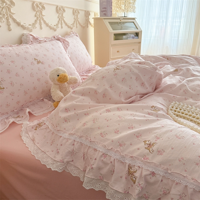 91家纺网 家纺一手货源 找家纺 吾欢心 2026新款古法水洗棉韩版公主风双层花边四件套 梦幻岛