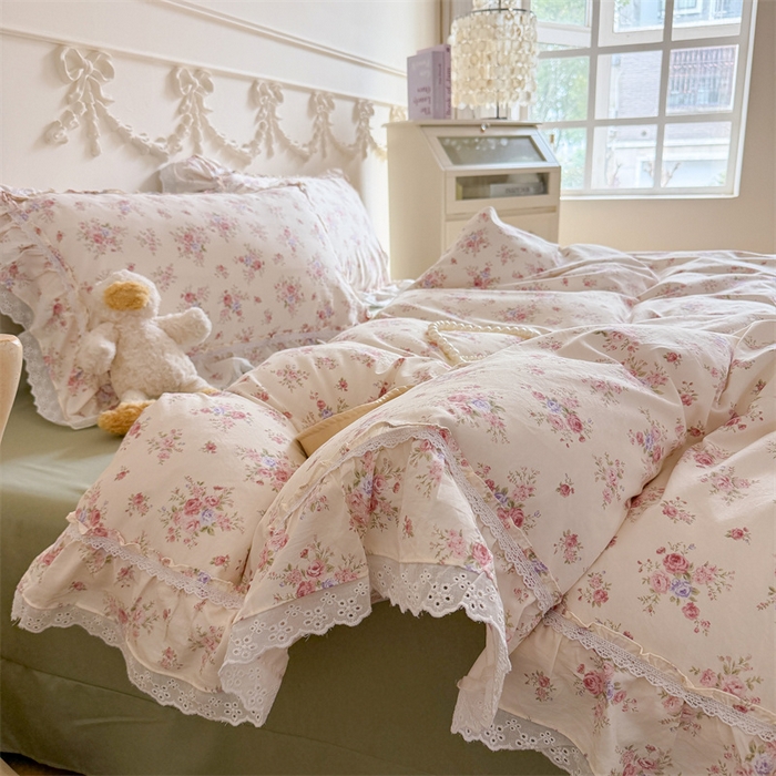 91家纺网 家纺一手货源 找家纺 吾欢心 2026新款古法水洗棉韩版公主风双层花边四件套 花园漫步