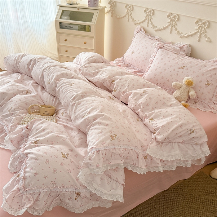 91家纺网 家纺一手货源 找家纺 吾欢心 2026新款古法水洗棉韩版公主风双层花边四件套 梦幻岛