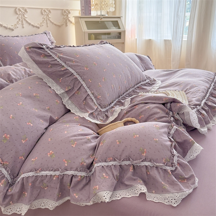 91家纺网 家纺一手货源 找家纺 吾欢心 2026新款古法水洗棉韩版公主风双层花边四件套 露花浓