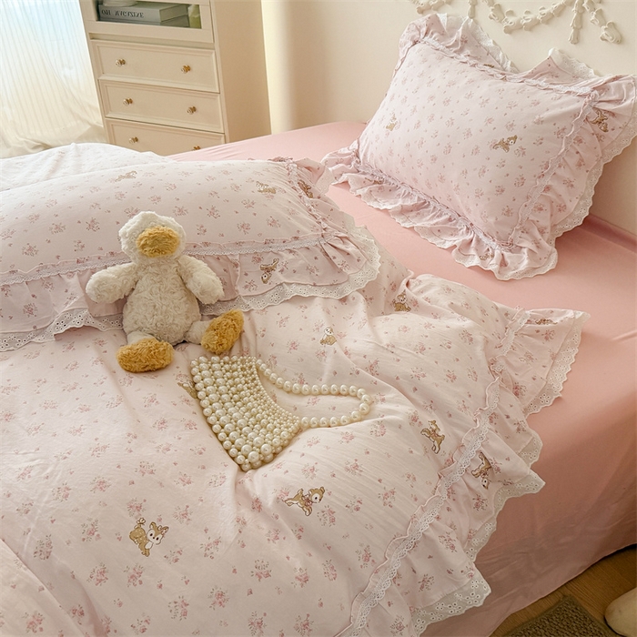 91家纺网 家纺一手货源 找家纺 吾欢心 2026新款古法水洗棉韩版公主风双层花边四件套 梦幻岛