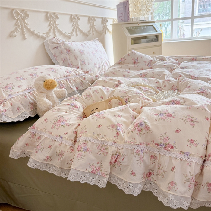 91家纺网 家纺一手货源 找家纺 吾欢心 2026新款古法水洗棉韩版公主风双层花边四件套 花园漫步