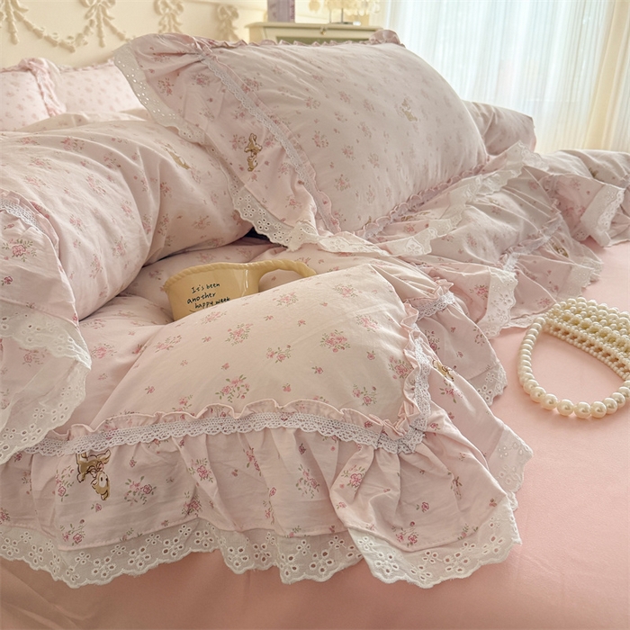 91家纺网 家纺一手货源 找家纺 吾欢心 2026新款古法水洗棉韩版公主风双层花边四件套 梦幻岛