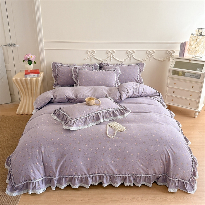 91家纺网 家纺一手货源 找家纺 吾欢心 2026新款古法水洗棉韩版公主风双层花边四件套 露花浓