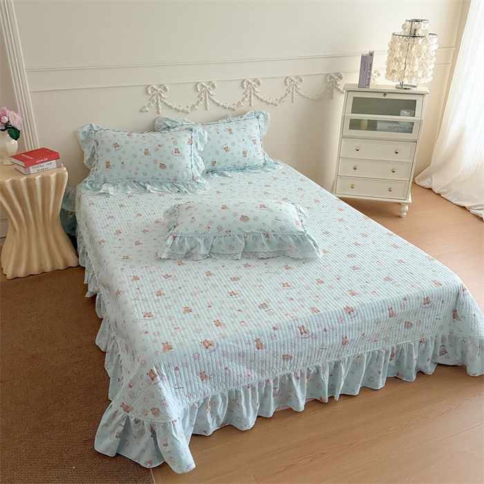 91家纺网 家纺一手货源 找家纺 吾欢心 2026新款古法水洗棉韩版公主风双层花边四件套 花园小熊