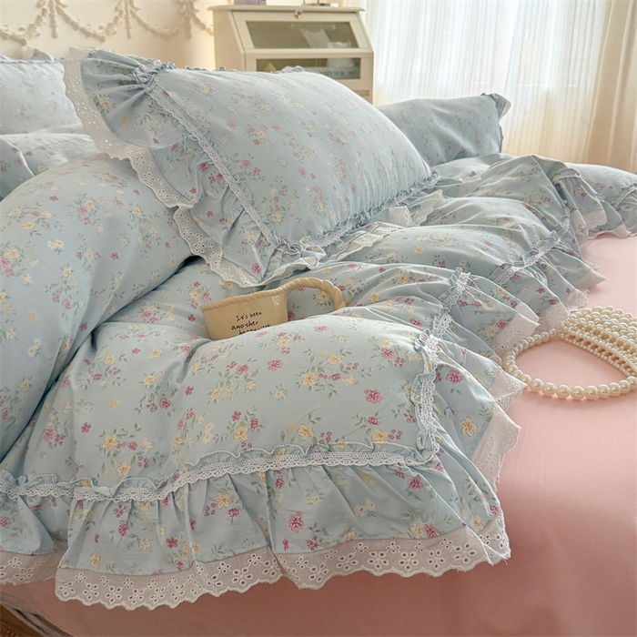 91家纺网 家纺一手货源 找家纺 吾欢心 2026新款古法水洗棉韩版公主风双层花边四件套 花开半夏