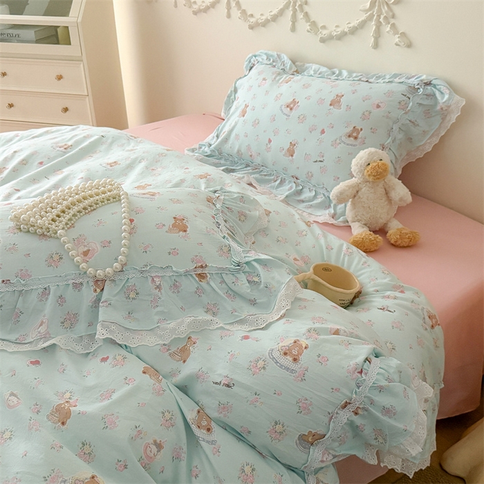 91家纺网 家纺一手货源 找家纺 吾欢心 2026新款古法水洗棉韩版公主风双层花边四件套 花园小熊