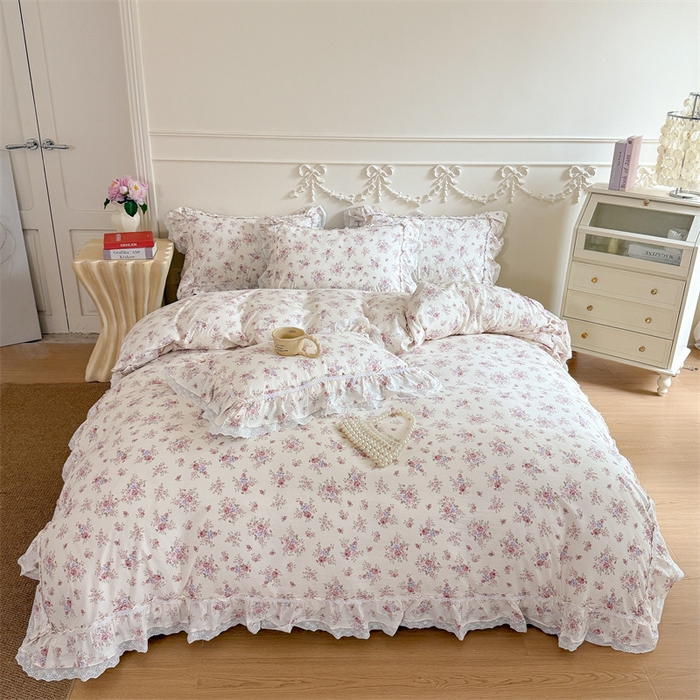 91家纺网 家纺一手货源 找家纺 吾欢心 2026新款古法水洗棉韩版公主风双层花边四件套 花园漫步