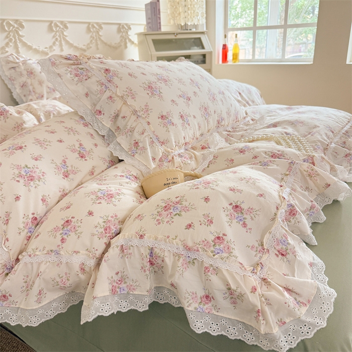91家纺网 家纺一手货源 找家纺 吾欢心 2026新款古法水洗棉韩版公主风双层花边四件套 花园漫步