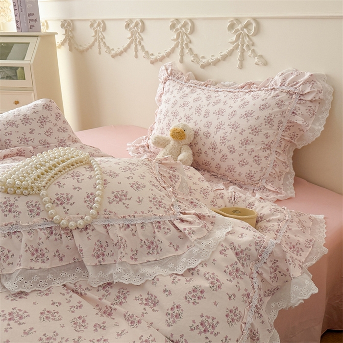 91家纺网 家纺一手货源 找家纺 吾欢心 2026新款古法水洗棉韩版公主风双层花边四件套 花韵