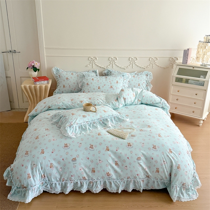 91家纺网 家纺一手货源 找家纺 吾欢心 2026新款古法水洗棉韩版公主风双层花边四件套 花园小熊