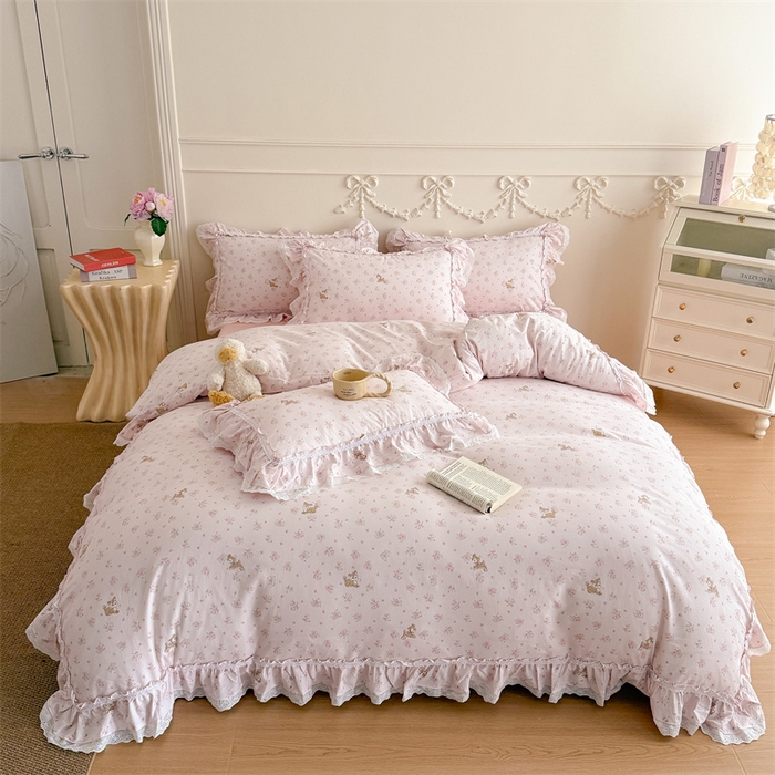 91家纺网 家纺一手货源 找家纺 吾欢心 2026新款古法水洗棉韩版公主风双层花边四件套 梦幻岛