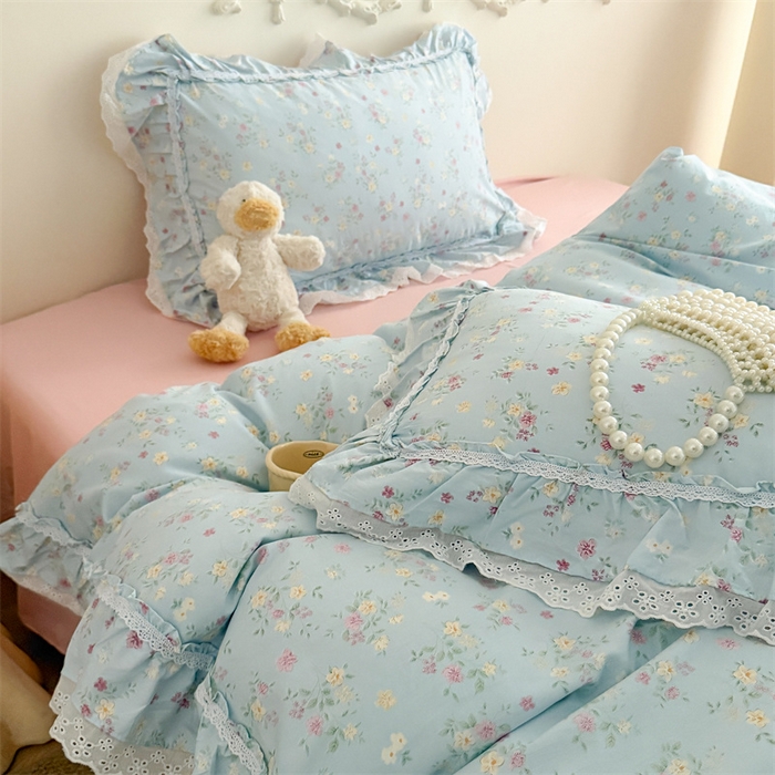 91家纺网 家纺一手货源 找家纺 吾欢心 2026新款古法水洗棉韩版公主风双层花边四件套 花开半夏