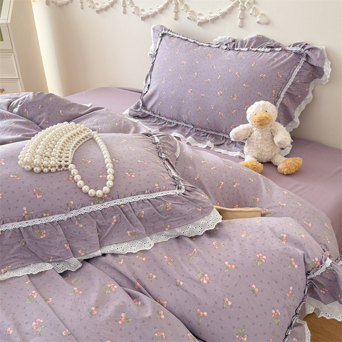 91家纺网 家纺一手货源 找家纺 吾欢心 2026新款古法水洗棉韩版公主风双层花边四件套 露花浓