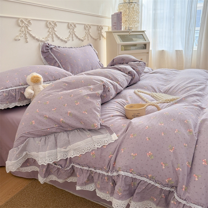 91家纺网 家纺一手货源 找家纺 吾欢心 2026新款古法水洗棉韩版公主风双层花边四件套 露花浓
