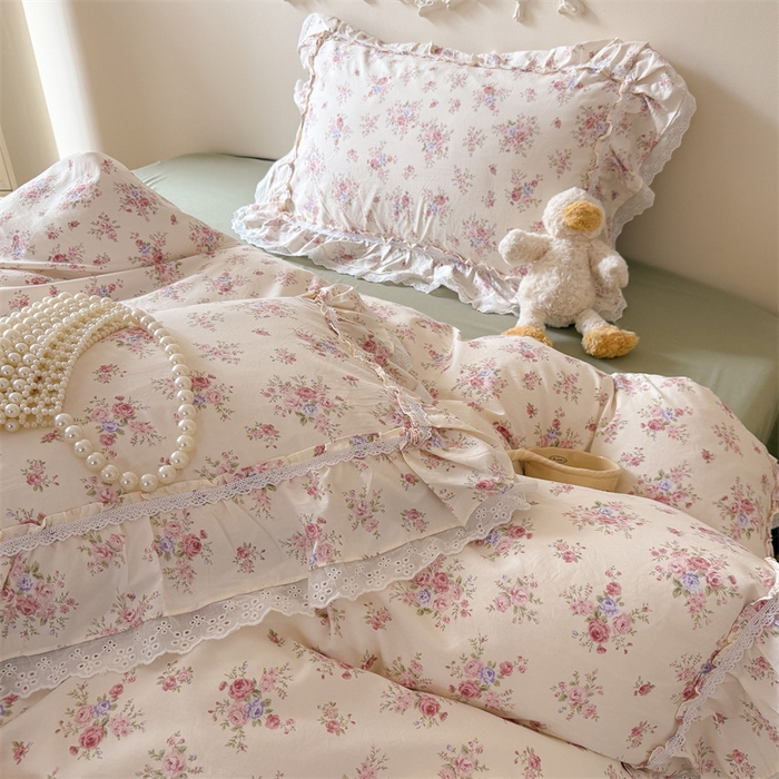 91家纺网 家纺一手货源 找家纺 吾欢心 2026新款古法水洗棉韩版公主风双层花边四件套 花园漫步