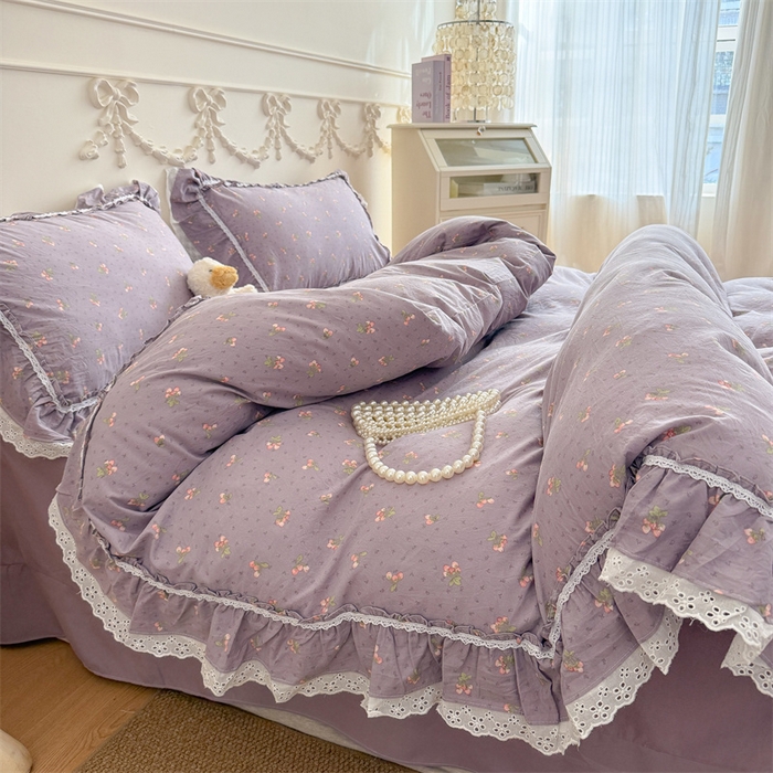 91家纺网 家纺一手货源 找家纺 吾欢心 2026新款古法水洗棉韩版公主风双层花边四件套 露花浓