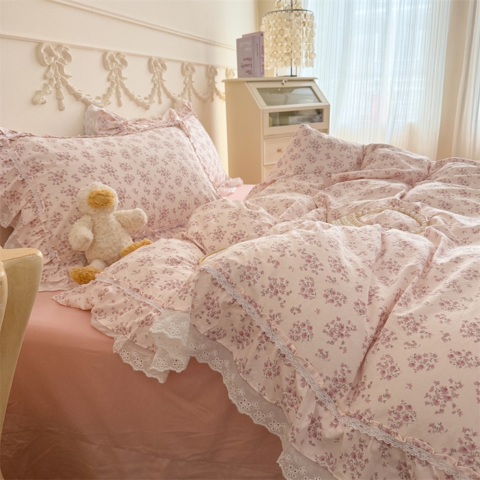 91家纺网 家纺一手货源 找家纺 吾欢心 2026新款古法水洗棉韩版公主风双层花边四件套 花韵