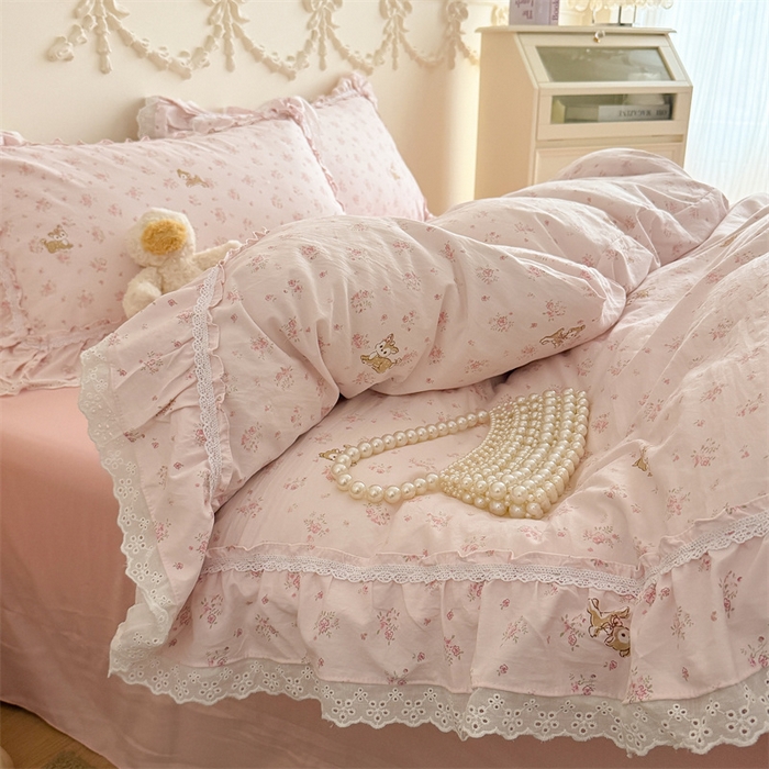 91家纺网 家纺一手货源 找家纺 吾欢心 2026新款古法水洗棉韩版公主风双层花边四件套 梦幻岛