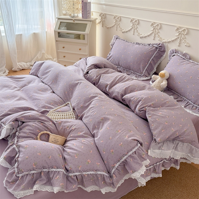 91家纺网 家纺一手货源 找家纺 吾欢心 2026新款古法水洗棉韩版公主风双层花边四件套 露花浓