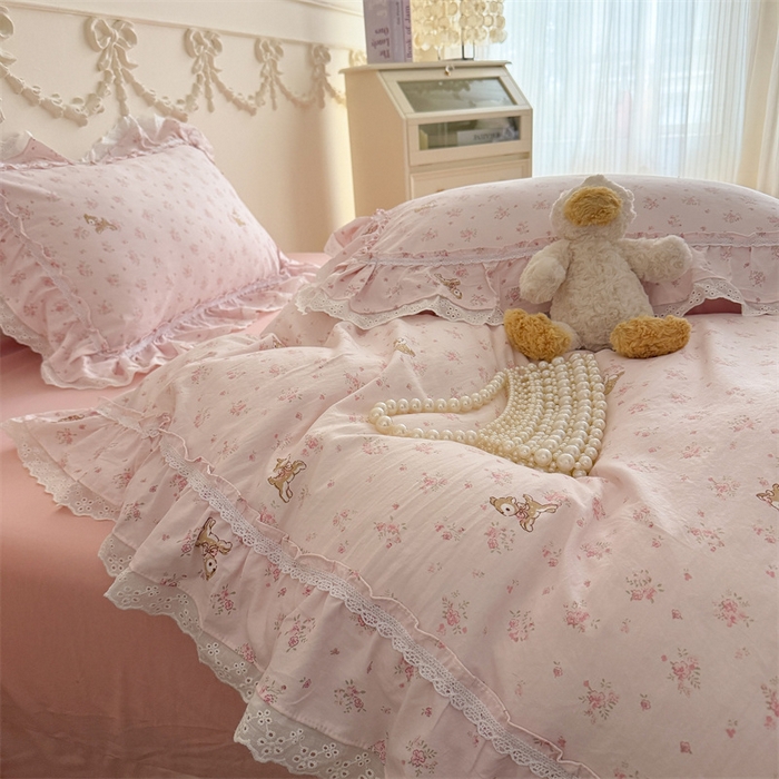 91家纺网 家纺一手货源 找家纺 吾欢心 2026新款古法水洗棉韩版公主风双层花边四件套 梦幻岛