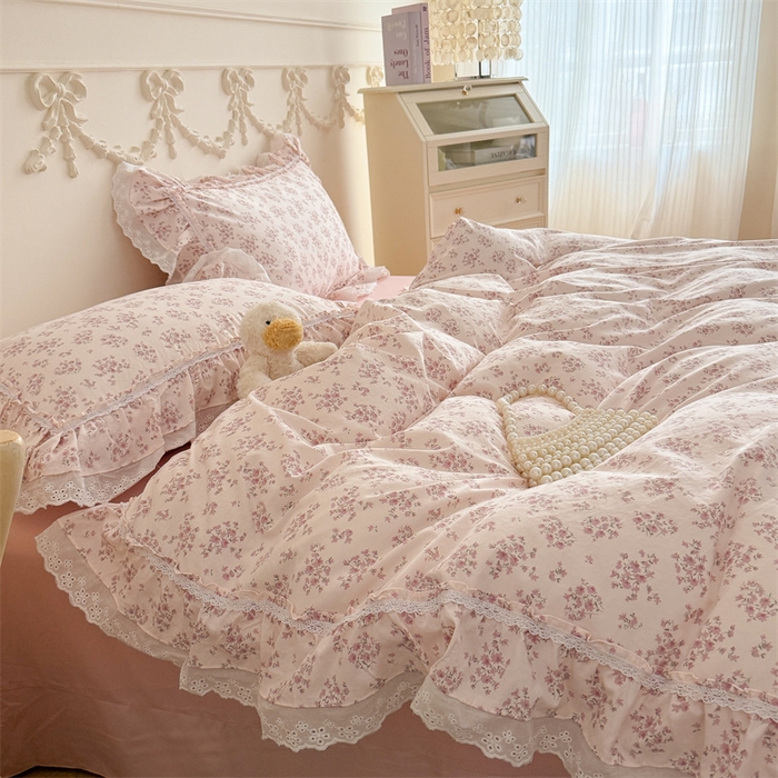 91家纺网 家纺一手货源 找家纺 吾欢心 2026新款古法水洗棉韩版公主风双层花边四件套 花韵