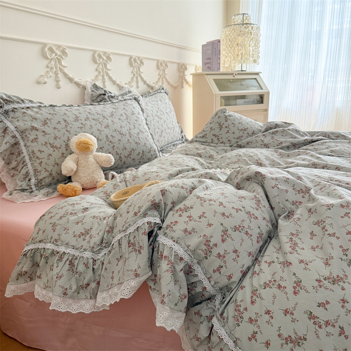 91家纺网 家纺一手货源 找家纺 吾欢心 2026新款古法水洗棉韩版公主风双层花边四件套 嫣然如梦
