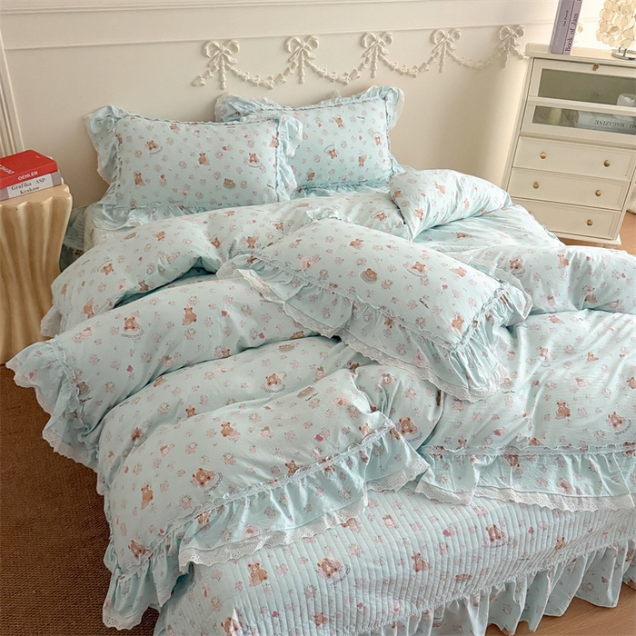 91家纺网 家纺一手货源 找家纺 吾欢心 2026新款古法水洗棉韩版公主风双层花边四件套 花园小熊