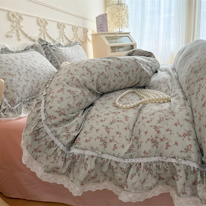 91家纺网 家纺一手货源 找家纺 吾欢心 2026新款古法水洗棉韩版公主风双层花边四件套 嫣然如梦